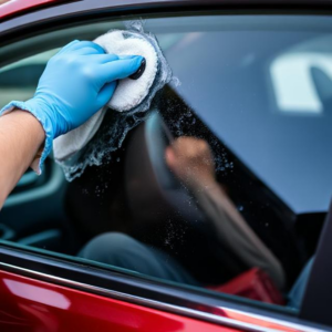 Cleaning windows with glass cleaner 