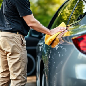 Beginner washing their car using the two-bucket method – essential car detailing tips for beginners.