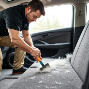 Removing dog hair from car carpet using a rubber brush for a clean interior.